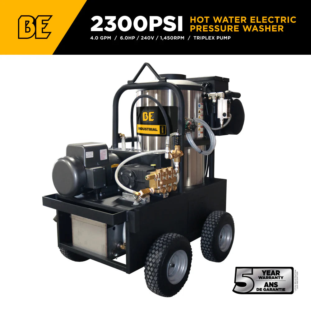 BE POWER EQUIPMENT 2,300 PSI 4.0 GPM Hot Water Electric Pressure Washer with General Triplex Pump - 15-423