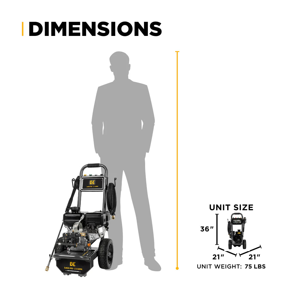 BE Power Equipment 3,400 PSI 2.5 GPM Cold Water Gas Pressure Washer - B3475PX
