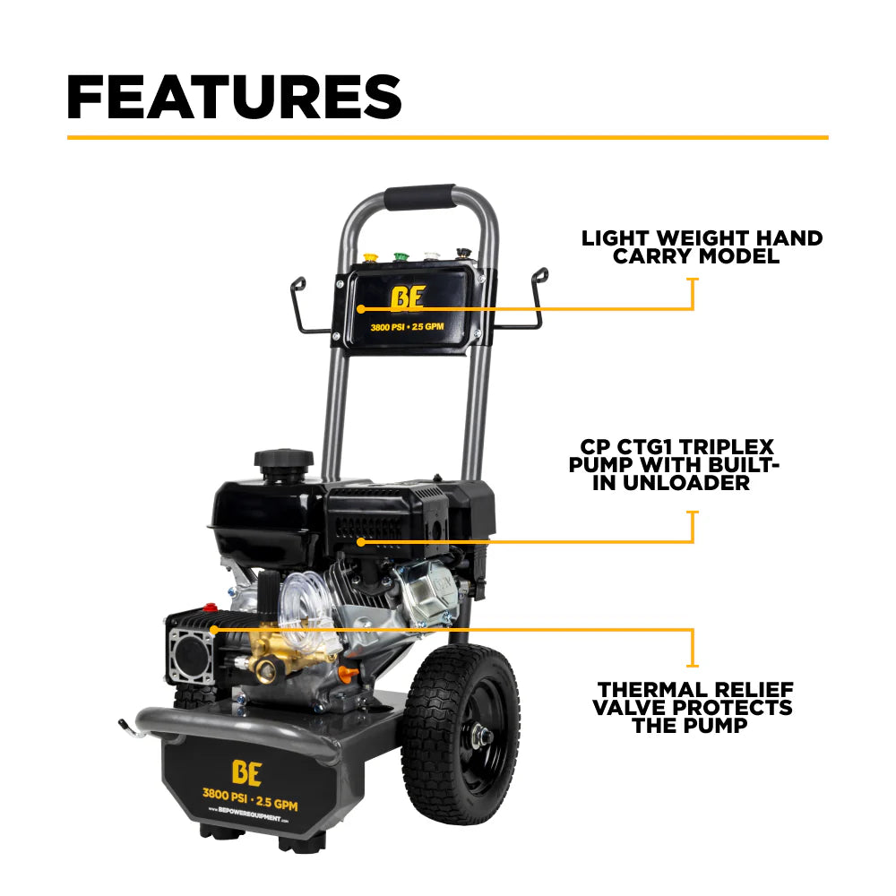 BE Power Equipment 3,800 PSI 2.5 GPM Cold Water Gas Pressure Washer - B3875PA