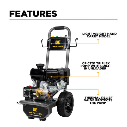 BE Power Equipment 3,800 PSI 2.5 GPM Cold Water Gas Pressure Washer - B3875PA