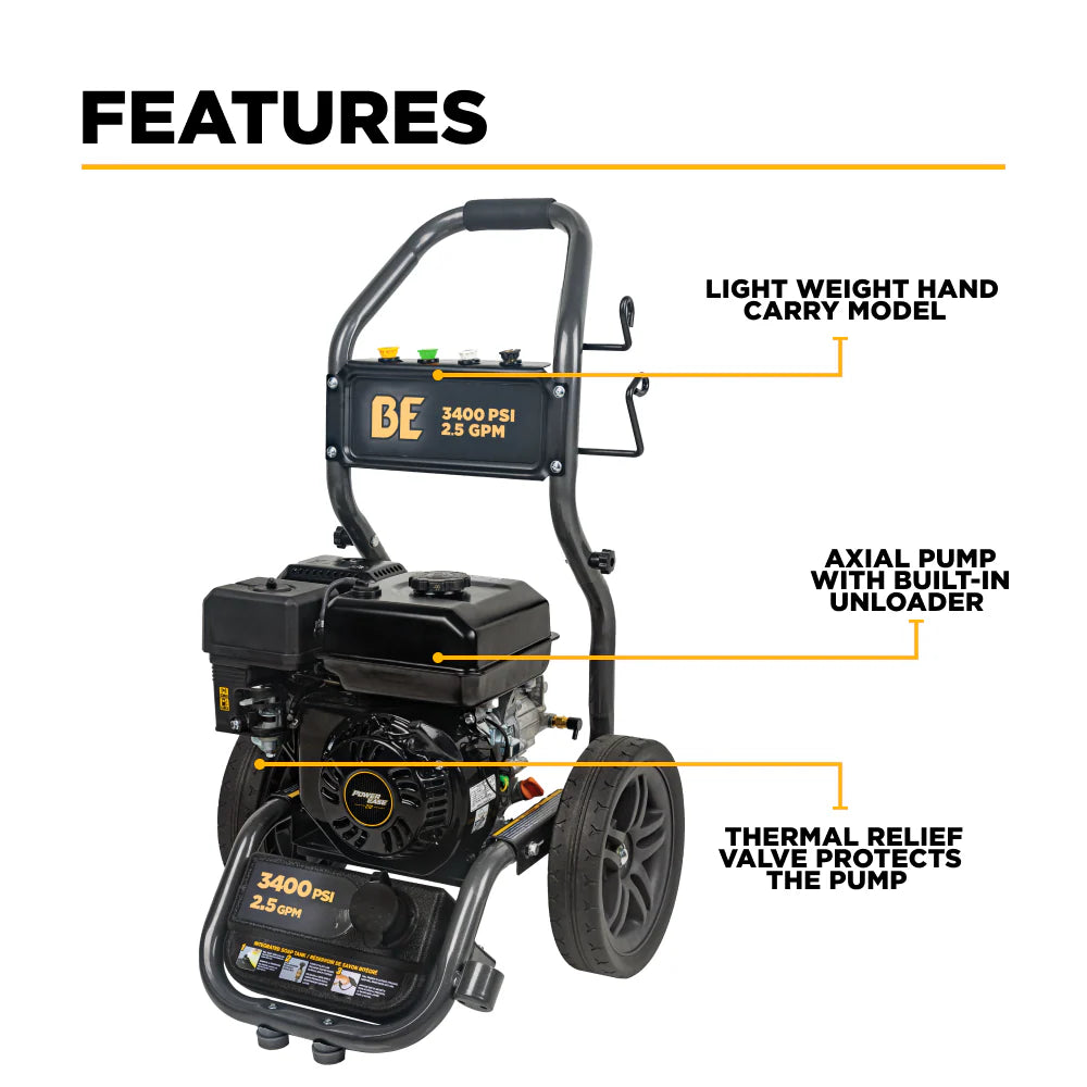 BE POWER 3,400 PSI 2.5 GPM Cold Water Gas Pressure Washer - BE3475PX