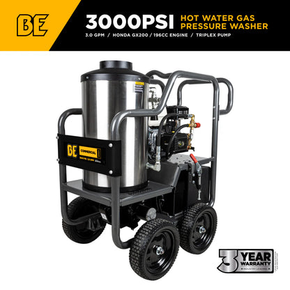 BE Power Equipment 3000PSI 3.0GPM Hot Water Pressure Washer with Honda GX200 Engine and Comet Triplex Pump - HW2765HC