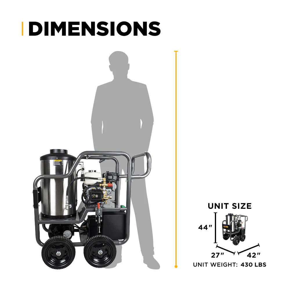 BE Power Equipment 3000PSI 3.0GPM Hot Water Pressure Washer with Honda GX200 Engine and Comet Triplex Pump - HW2765HC