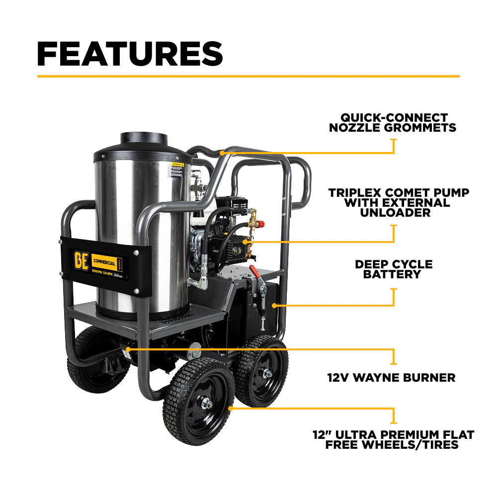 BE Power Equipment 3000PSI 3.0GPM Hot Water Pressure Washer with Honda GX200 Engine and Comet Triplex Pump - HW2765HC