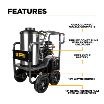 BE Power Equipment 3000PSI 3.0GPM Hot Water Pressure Washer with Honda GX200 Engine and Comet Triplex Pump - HW2765HC