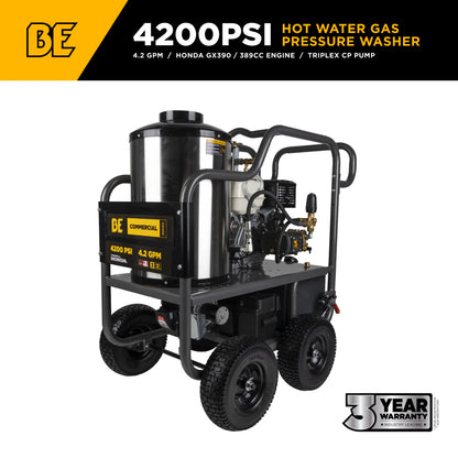 BE Power Equipment 4,200 PSI - 4.2 GPM Hot Water Pressure Washer with Honda GX390 Engine and CP Triplex Pump - HW4213HA