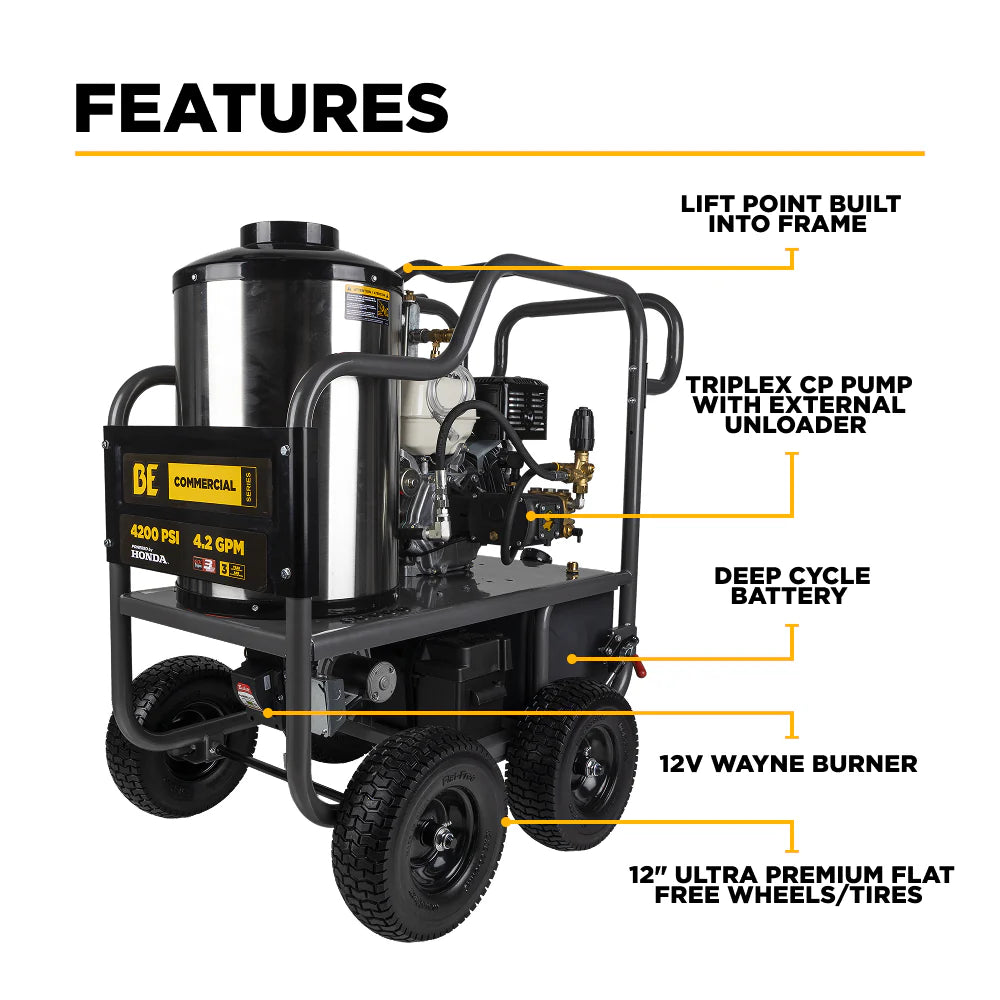 BE Power Equipment 4,200 PSI - 4.2 GPM Hot Water Pressure Washer with Honda GX390 Engine and CP Triplex Pump - HW4213HA