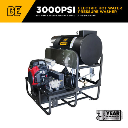 BE Power Equipment 3,000 PSI 10 GPM Hot Water Gas Pressure Washer Skid with General Triplex Pump - SE5815HIHZGP