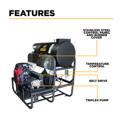 BE Power Equipment 3,000 PSI 10 GPM Hot Water Gas Pressure Washer Skid with General Triplex Pump - SE5815HIHZGP