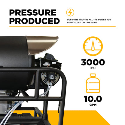 BE Power Equipment 3,000 PSI 10 GPM Hot Water Gas Pressure Washer Skid with General Triplex Pump - SE5815HIHZGP