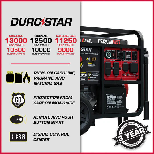 DuroMax DS13000MXT 13,000-Watt/10,500-Watt 500cc Portable Tri Fuel Portable Generator w/ CO Alert - PowerGen USA