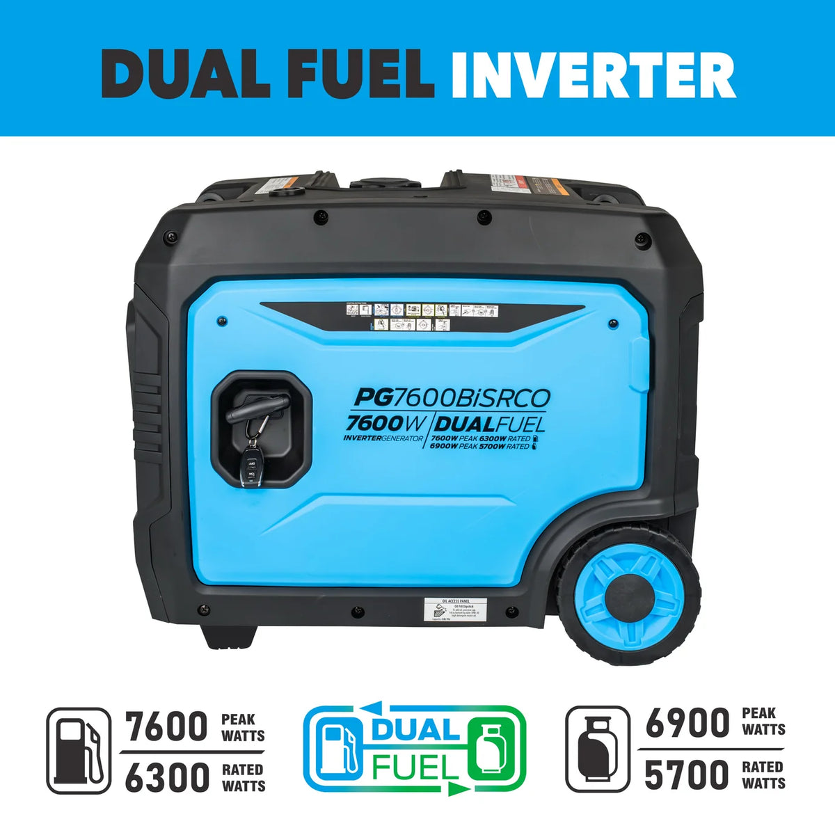 PULSAR PG7600BiSRCO DUAL-FUEL 7600W PEAK 6300W RATED INVERTER GENERATOR W/ CO ALERT REMOTE START PGMA COMPLIANCE