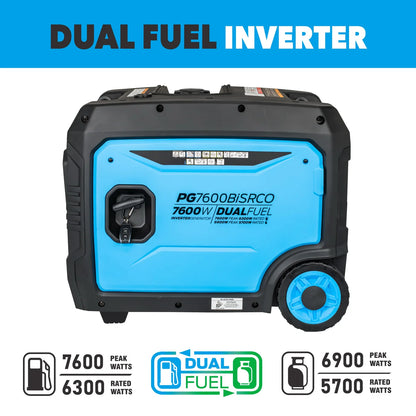 PULSAR PG7600BiSRCO DUAL-FUEL 7600W PEAK 6300W RATED INVERTER GENERATOR W/ CO ALERT REMOTE START PGMA COMPLIANCE