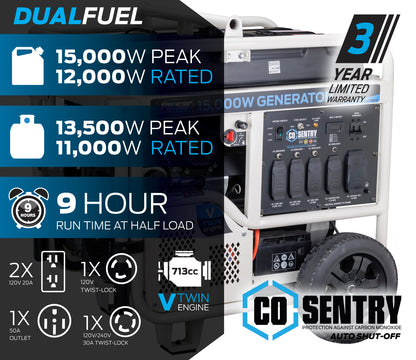 Pulsar PG15KVTWBCO 15,000-Watt Dual-Fuel Generator with Electric Start and CO Alert - PowerGen USA