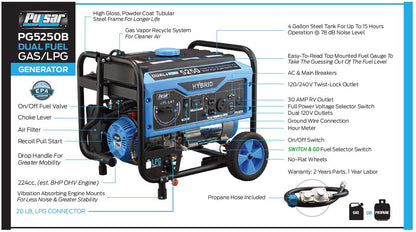 Pulsar PG5250B 5,250 Peak Watt Dual-Fuel Generator - PowerGen USA