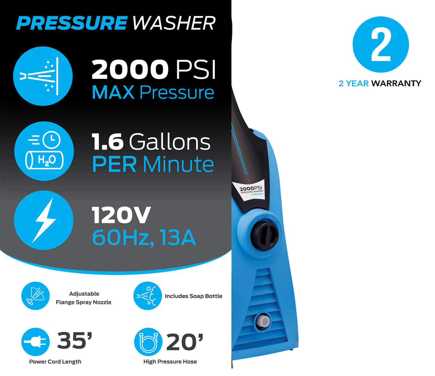 Pulsar PWE2001V 2,000 PSI 1.6 GPM Electric Pressure Washer with Soap Bottle - PowerGen USA