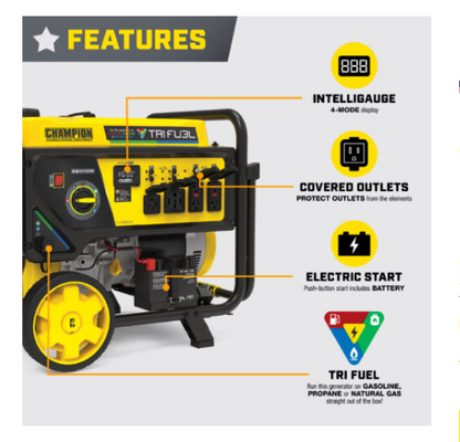 Champion 201438 Champion 9200 Watt TRI FUEL w/Electric Start - PowerGen USA