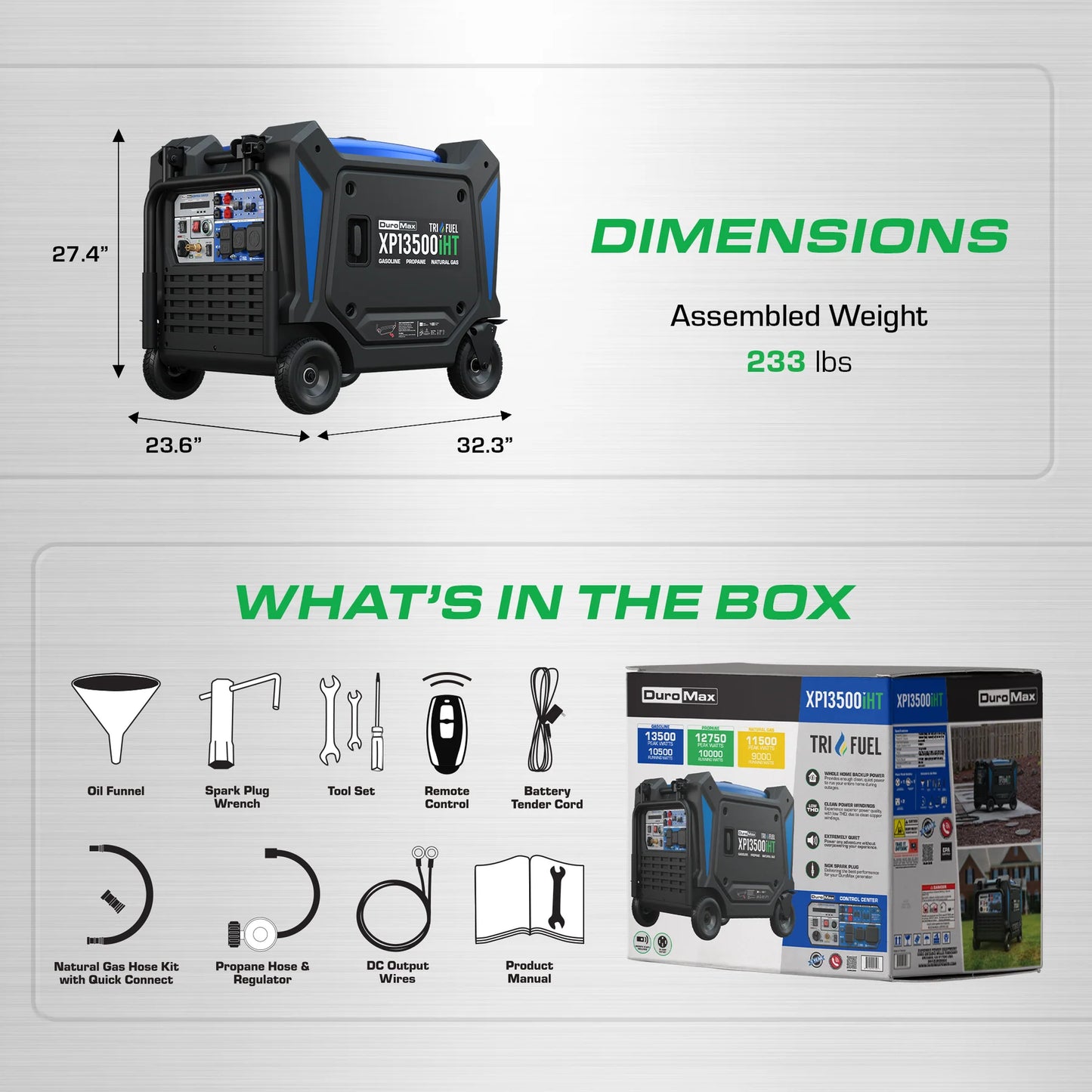 DuroMax XP13500iHT 13,500 Watt Portable Tri Fuel Inverter Generator - Quiet, Low THD