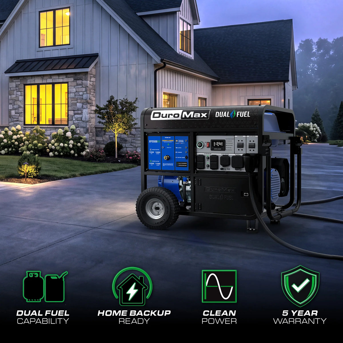 DuroMax XP15500HX 15,500 Watt Dual Fuel Portable HX Generator w/ CO Alert - PowerGen USA