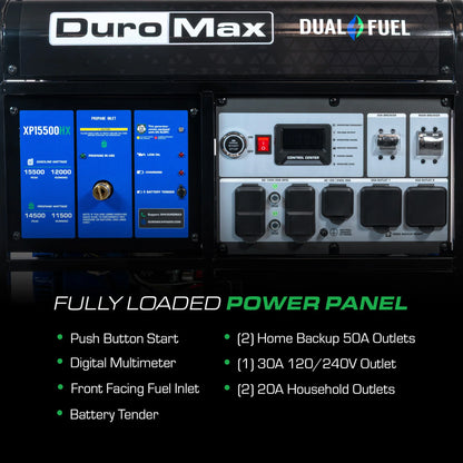 DuroMax XP15500HX 15,500 Watt Dual Fuel Portable HX Generator w/ CO Alert - PowerGen USA