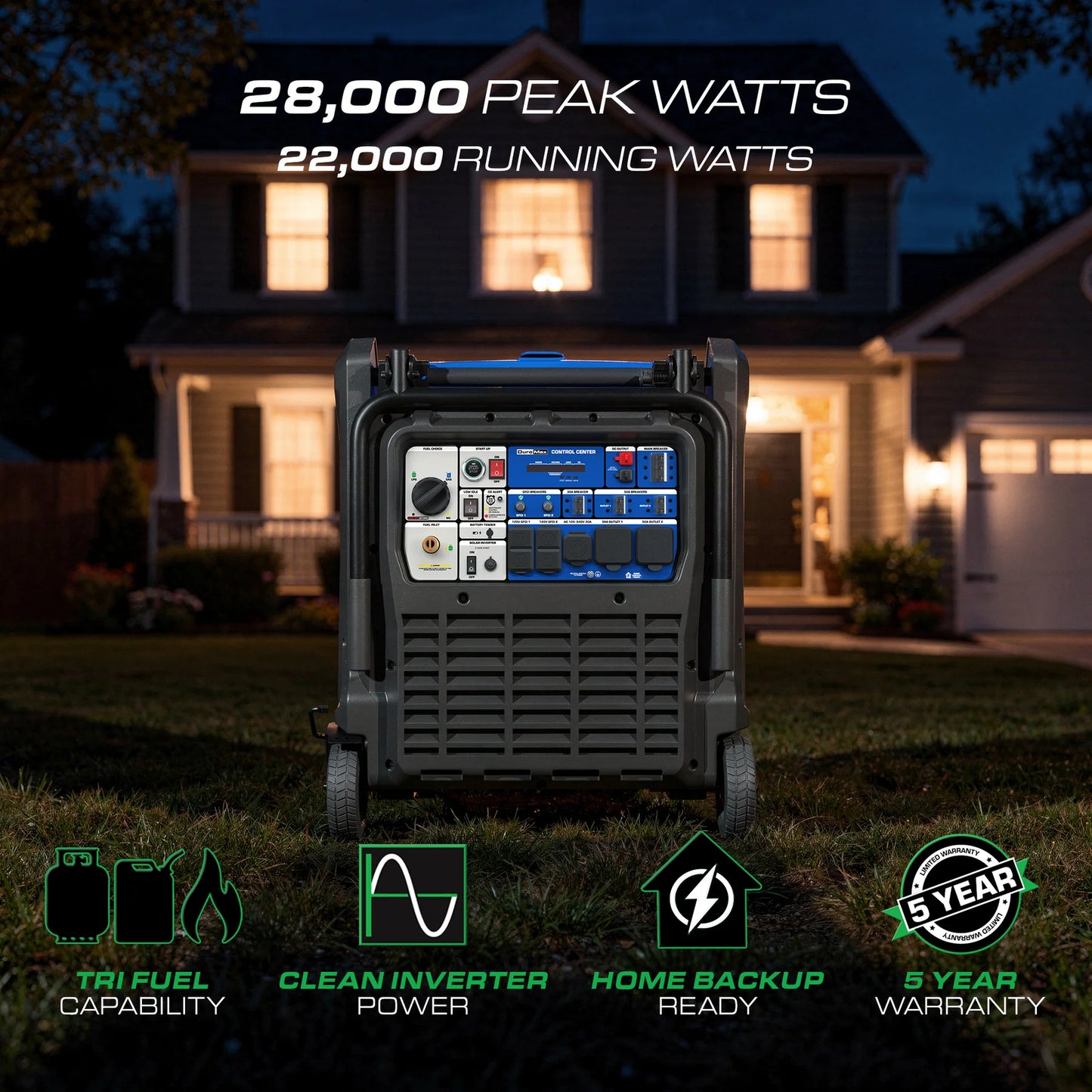 DuroMax 28,000 Watt Tri Fuel Portable Inverter Generator w/ CO Alert
