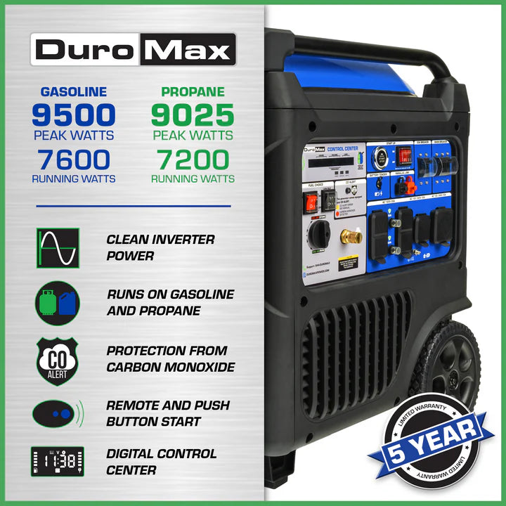 DuroMax 9,500 Watt Portable Dual Fuel Inverter Generator w/ CO Alert - PowerGen USA