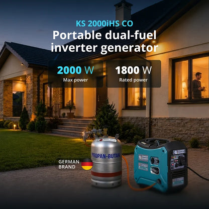 Könner & Söhnen 2000W Portable Dual Fuel Inverter Generator | Gasoline & Propane, Super Quiet 57 dB | KS 2000iH S CO - PowerGen USA