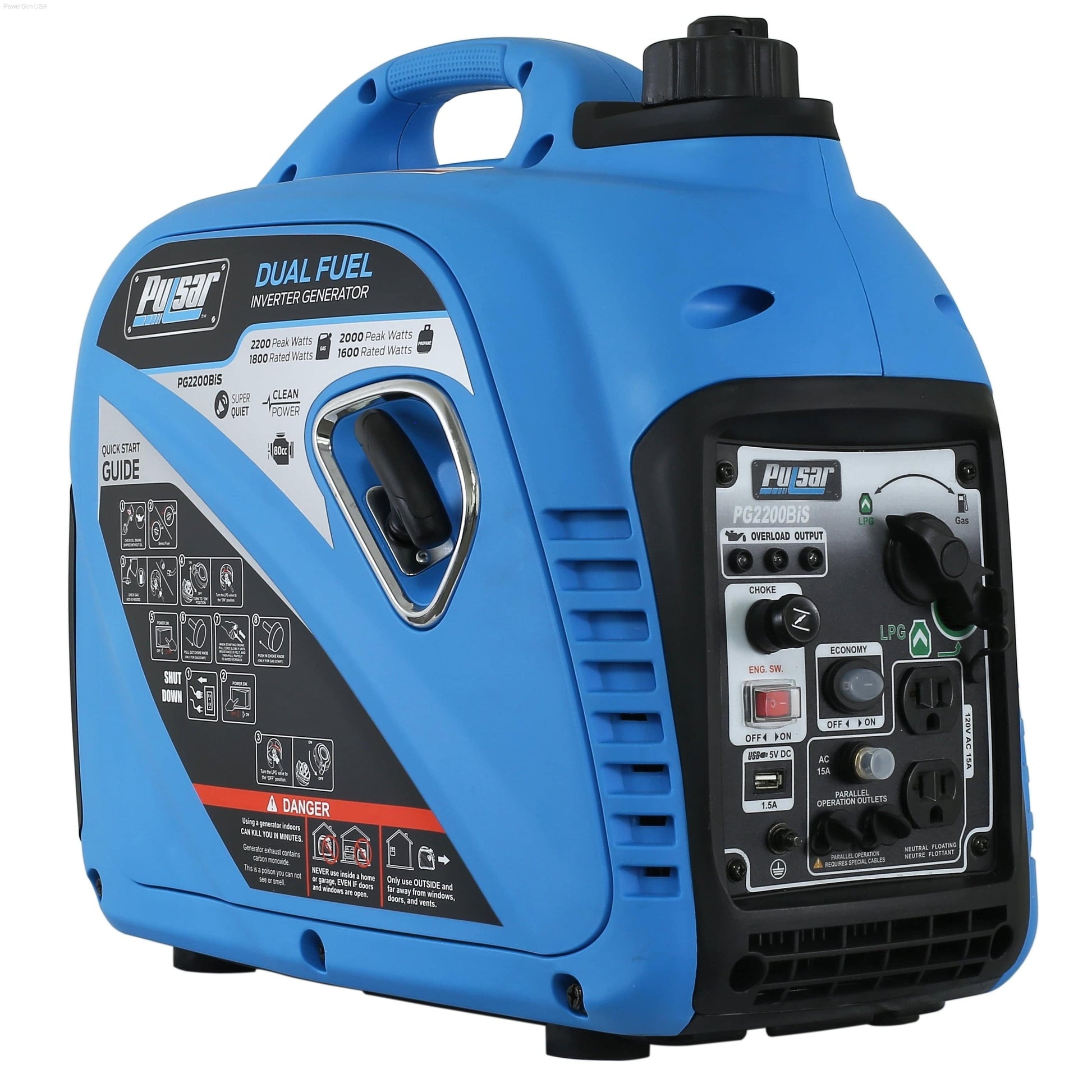 Dual Fuel Hybrid - Pulsar PG2200BiS-DUAL-Fuel Inverter 2200W Generator RATED 1800W, Carb Approved