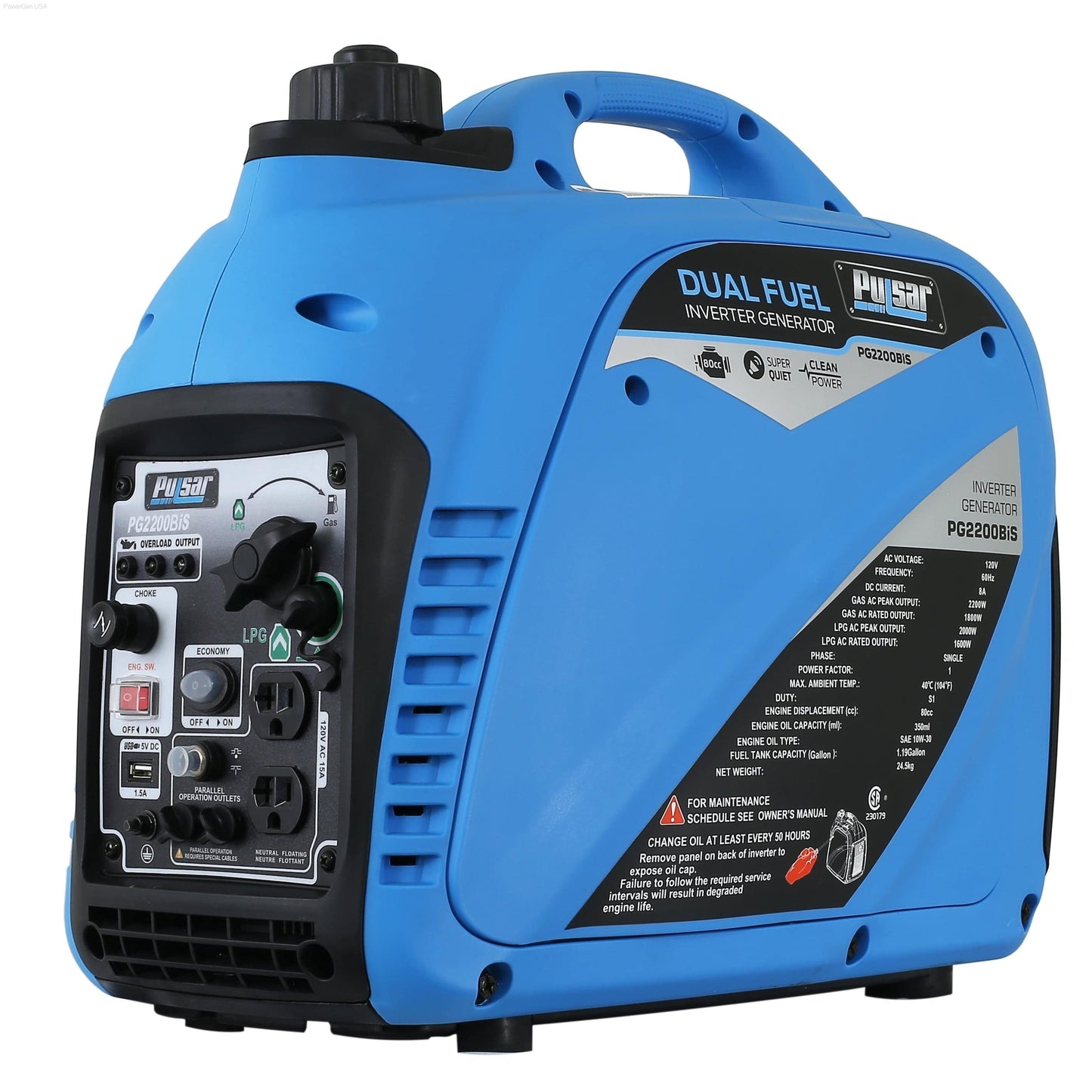 Dual Fuel Hybrid - Pulsar PG2200BiS-DUAL-Fuel Inverter 2200W Generator RATED 1800W, Carb Approved